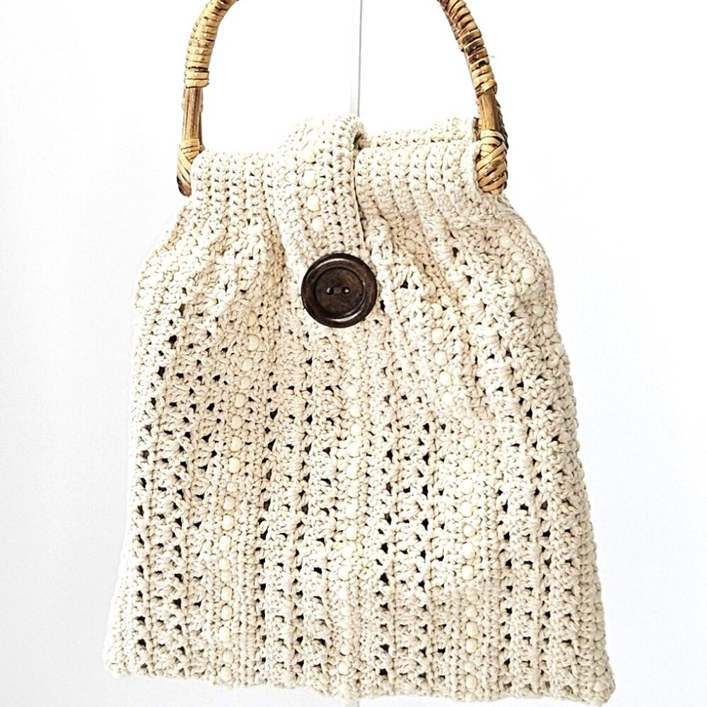 Crochet Beaded Bone/Cream Tote/Purse with Bamboo Handles